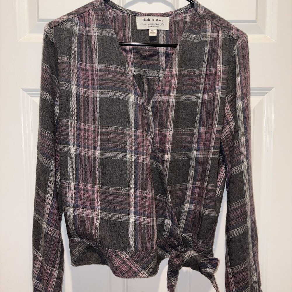 Cloth & Stone Anthropologie Lara Grey/Pink Plaid Wrap Flannel Long Sleeve Medium